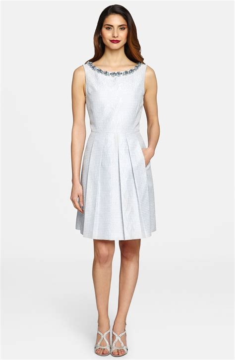 Tahari Embellished Jacquard Fit And Flare Dress Regular And Petite