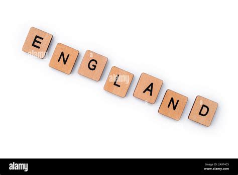 The Word ENGLAND Spelt With Wooden Letter Tiles Over A Plain White