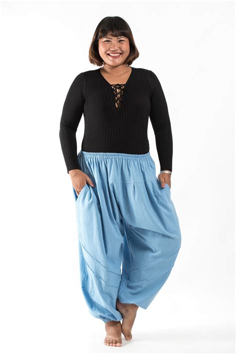 Plus Size Genie Womens Cotton Harem Pants In Light Blue