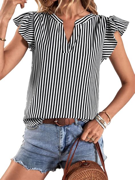 WDIRARA Women S Striped Notched V Neck Ruffle Cap Sleeve Blouse Casual