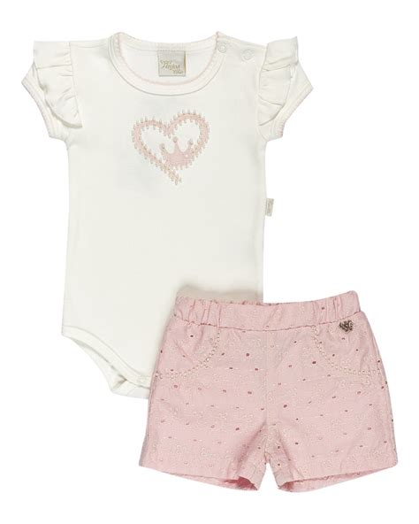 Conjunto Body Bebê Manga Curta Menina Short 100 Algodão Anjos Baby