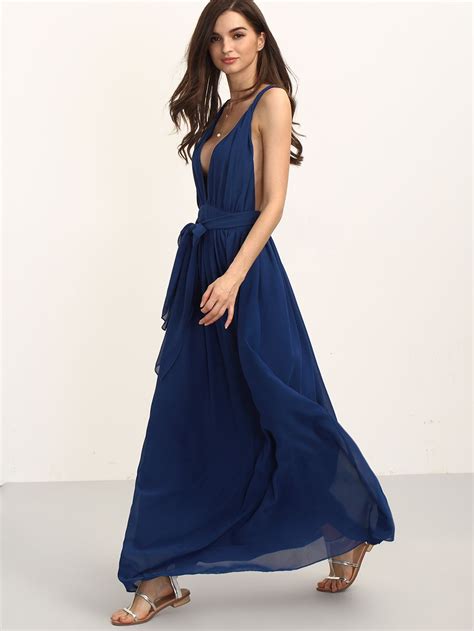 SHEIN Deep V Neck Tie Waist Full Length Dress Maxi Dress Summer