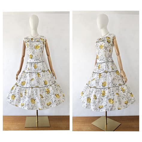 1950s Sheer White And Yellow Rose Print Fit And Flare Dress Vintage 1950s