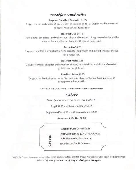 Menu at Angelo's Restaurant, Easton