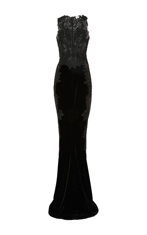 Marchesa Black Velvet Baroque Scroll Beaded Embroidered Tulle Column