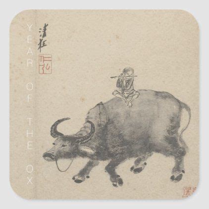 Chinese New Year Ox Painting Zodiac Birthday SqS Square Sticker ...