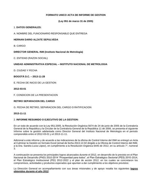 PDF FORMATO UNICO ACTA DE INFORME DE GESTION Ley 951 De Formato