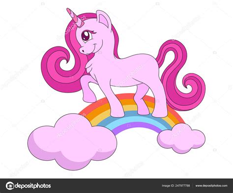 Niedliches Cartoon Einhorn Auf Einem Regenbogen Am Himmel Vektorgrafik Zum Entwerfen Stock