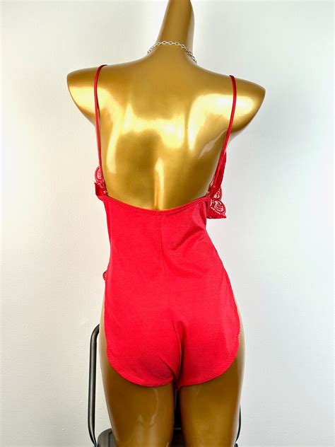 Vintage S Lingerie Teddy Deep V Plunging Sheer Lace Large Etsy