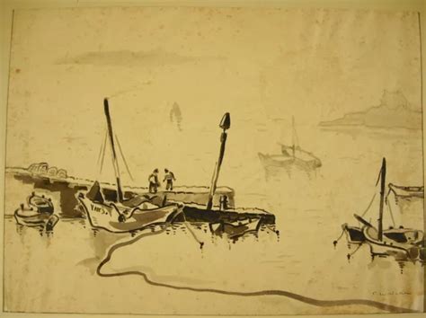 Bateaux Au Mouillage Dessin L Encre Sur Calque Sign D Walker Marine