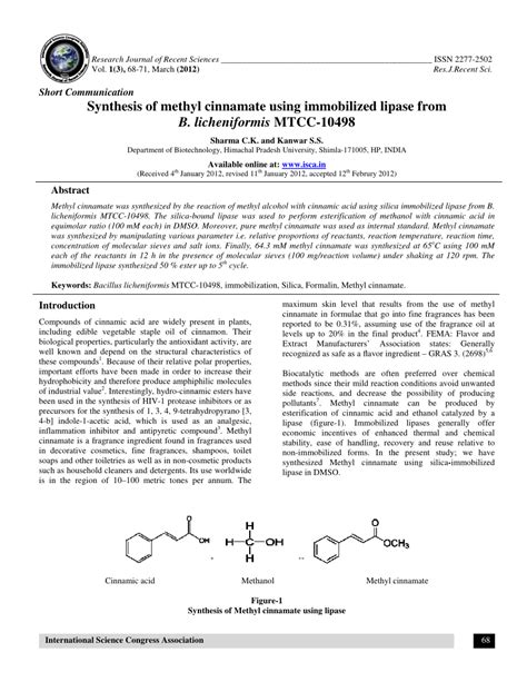 Pdf Synthesis Of Methyl Cinnamate Using Immobilized Lipase From B