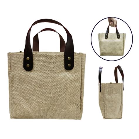 BGTS081 Jute Tote Bag With PU Leather Handles Small Edmaro