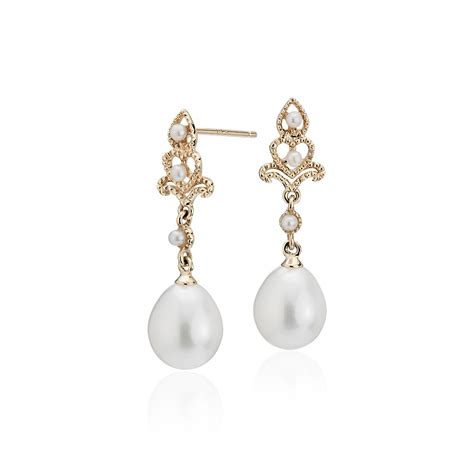 Freshwater Cultured Pearl Vintage Inspired Drop Earrings In 14k Yellow Gold 7 75mm Blue Nile Hk