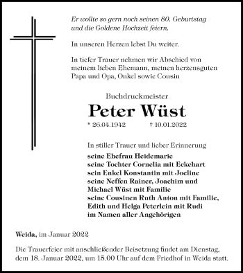 Traueranzeigen von Peter Wüst trauer in thueringen de