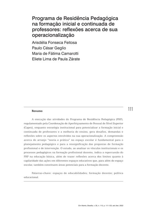 Pdf Programa De Resid Ncia Pedag Gica Na Forma O Inicial E