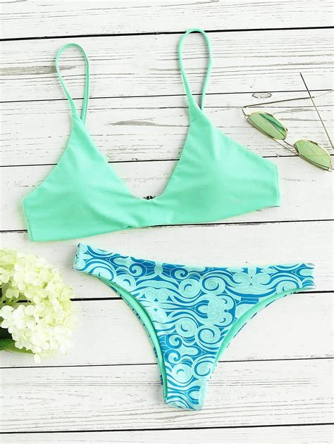 Plunge Neckline Print Bikini Set Shein Sheinside