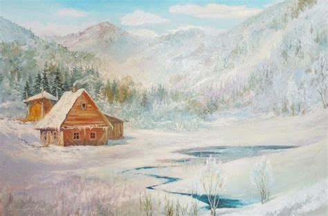 Winter Oil Painting Cabin in the Woods Original Landscape Snowy Winter ...