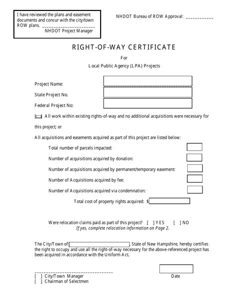 New Hampshire Right Of Way Certificate For Local Public Agency Lpa