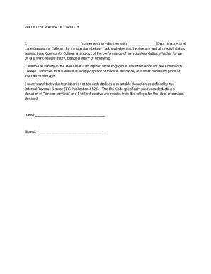 Form Lane Community College Volunteer Waiver Of Liability