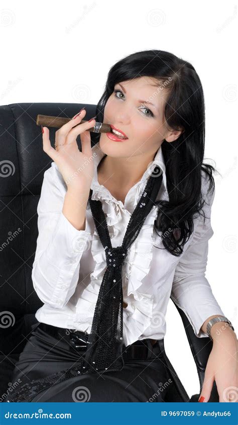 Portrait Of Brunette Smoking Cigar Isolated Stock Image Image Of Clipping Portrait 9697059