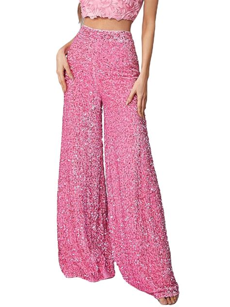 Women Sequin Palazzo Pants Glitter Sparkly High Waist Wide Leg Trousers