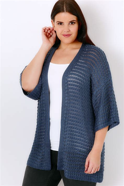 Blue Kimono Cardigan With Crochet Stripe Detail Plus Size 16 To 36