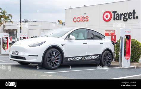 Runaway Bay Queenslandaustralia December 21st 2023 Tesla Car Charging At The Runaway Bay