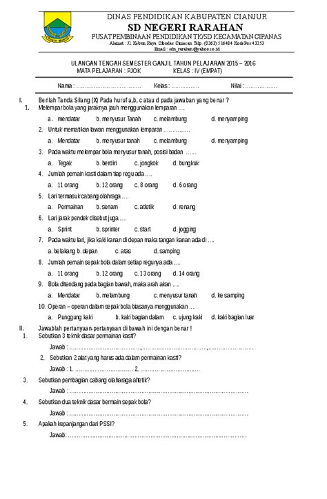 Contoh Soal Uts Pjok Kelas 1 Sd Semester 1