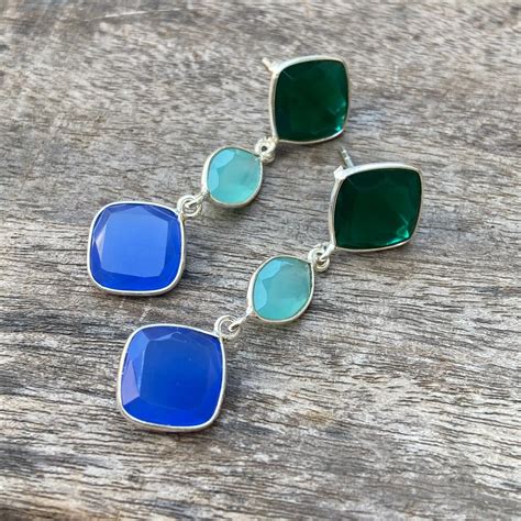 925 Sterling Silver Blue Aqua Chalcedony Green Emerald Earring EBay