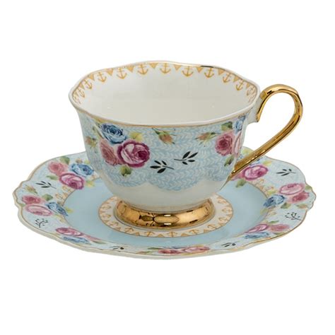 6CE1279 Tasse Et Soucoupe 160 Ml Bleu Blanc Porcelaine Fleurs Rond