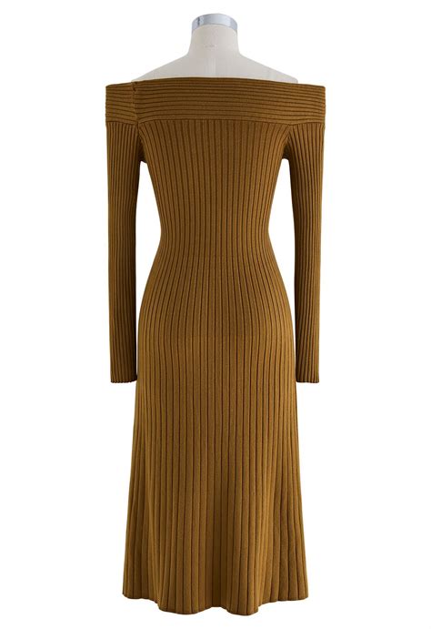 Twisted Off Shoulder Ribbed Knit Dress In Mustard Retro Indie And