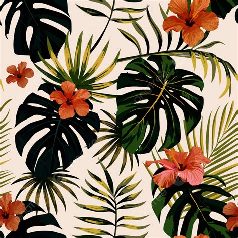 Tropical Illustration Monstera Plants Leaves Flowers Hibiscus Seamless