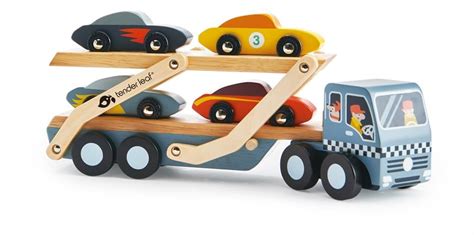 Tender Leaf Toys Houten Speelgoed Auto Transporter Met 4 Raceauto S