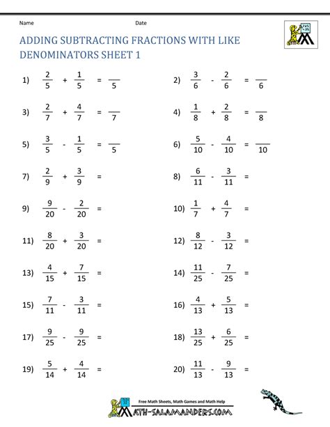 Addition And Subtraction Of Fractions With Like Denominators Worksheets E32