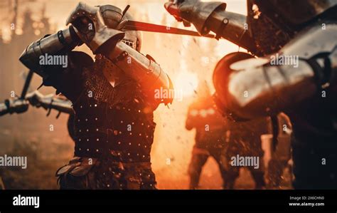 epic battlefield  armored medieval knights fighting  swords
