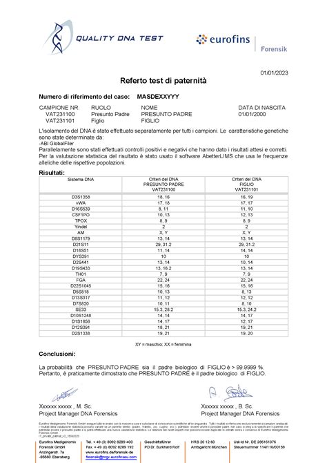 Risultato Test Dna Paternit Esempio Quality Dna Test