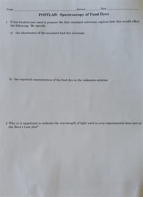 Solved Name Date Section POSTLAB Spectroscopy Of Food Dyes Chegg