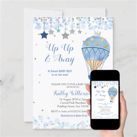 Hot Air Balloon Baby Shower Glitter Blue Star Invitation Zazzle