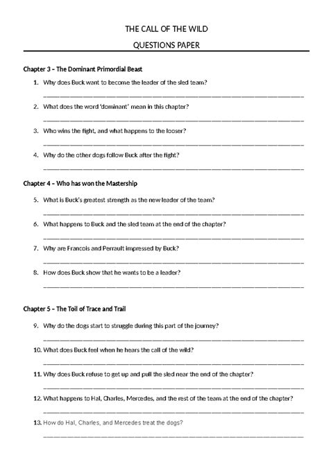 THE CALL OF THE WILD Revision Questions Paper: Chapters 3-5 - Studocu