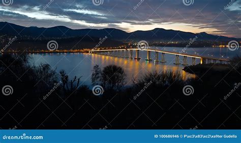 Tasman Bridge at night stock photo. Image of twilight - 100686946