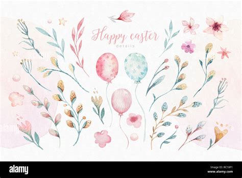 Hand Drawn Watercolor Happy Easter Set With Florals And Flowers Willow Design Pussy Willow