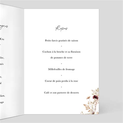 Menu Baptême Couronne de Fleurs Sauvages Popcarte