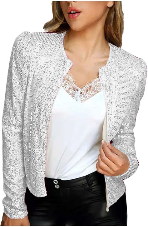 Sercfgyuj Sequin Jackets For Women Long Sleeve Open Front Glitter Cropped Blazer Coat Womens