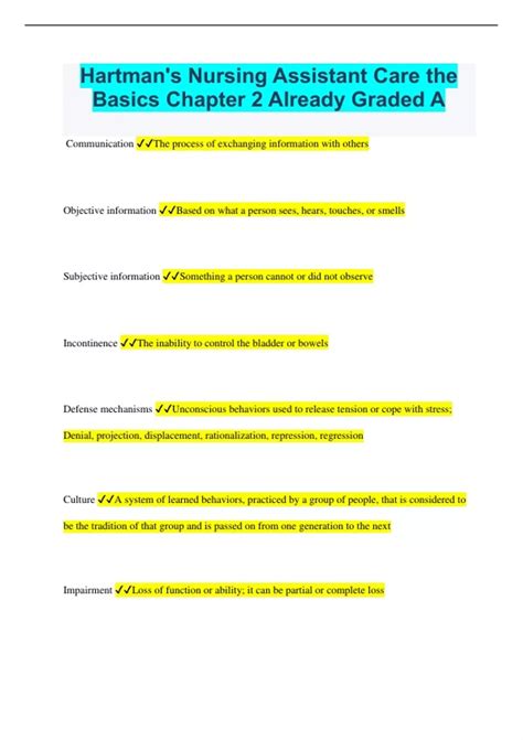 Hartman S Nursing Assistant Care The Basics Chapter 2 Already Graded A