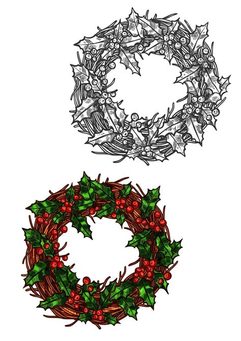 Premium Vector | Christmas wreath of holly leaves isolated sketch