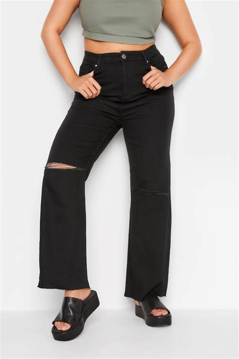 Plus Size Black Ripped Wide Leg Stretch Jeans Yours Clothing