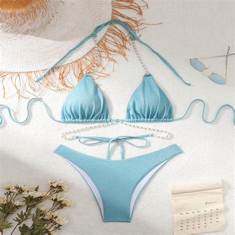 HHH Swimsuit 2025 New Solid Color Chain Lace Up Halterneck Sexy Bikini Swimsuit For Women