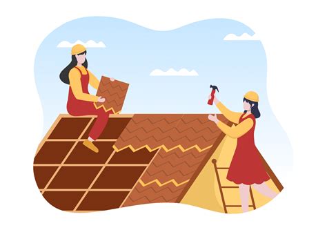 Roofing Construction Workers Template Hand Drawn Cartoon Flat