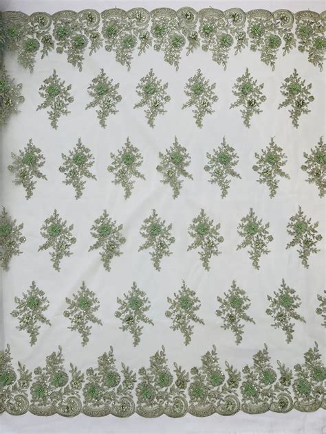 3D Floral Fabric with Floral Border - Sage Green - Embroidered Floral