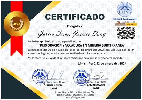 Certificado De Perforaci N Y Voladura Garcia Seras Josmer Dany